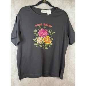NWT VTG Basic Editions Embellished Tee Womens Large Black Floral Rose Sequin